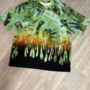 Kenzo Green and Black Tie-Dye Tee with Orange Flame Print